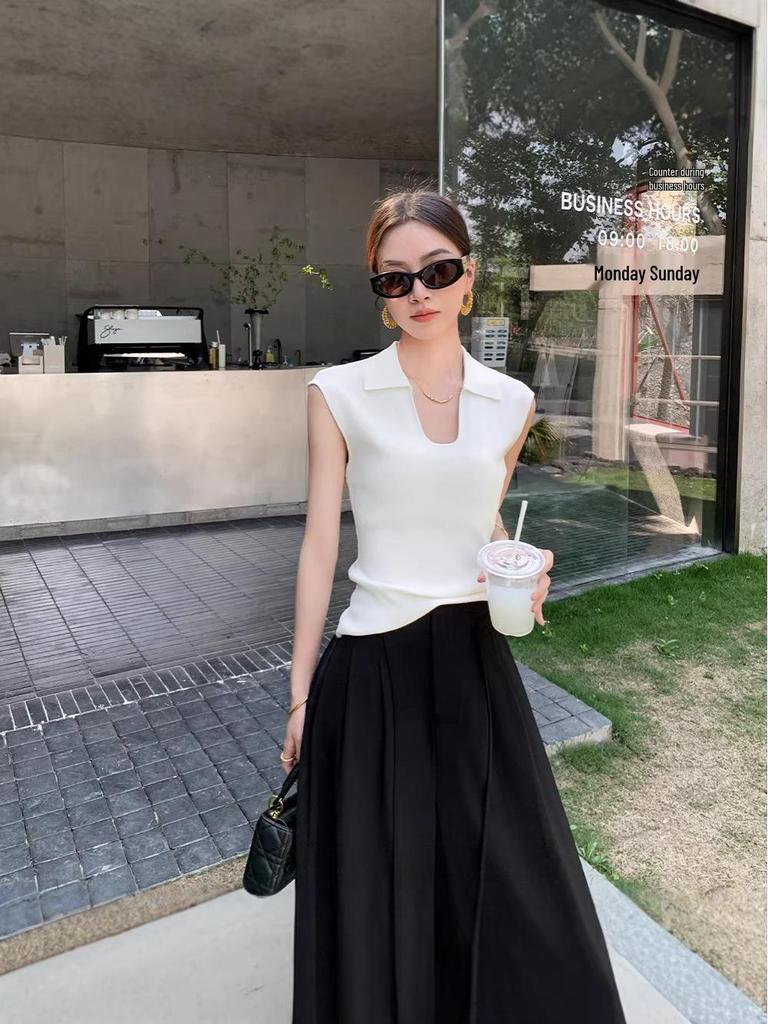 2026 Spring Korean Style Slimming Lapel Sleeveless Knit Vest