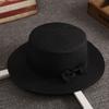 Flat top straw hat women's beach sunscreen bow top hat photo vacation straw weaving simple temperament sun hat