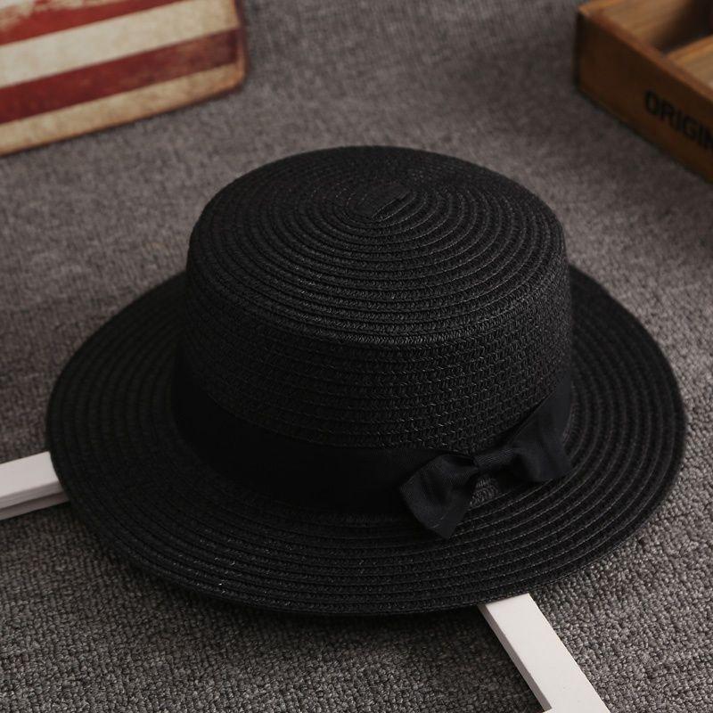 Flat top straw hat women's beach sunscreen bow top hat photo vacation straw weaving simple temperament sun hat