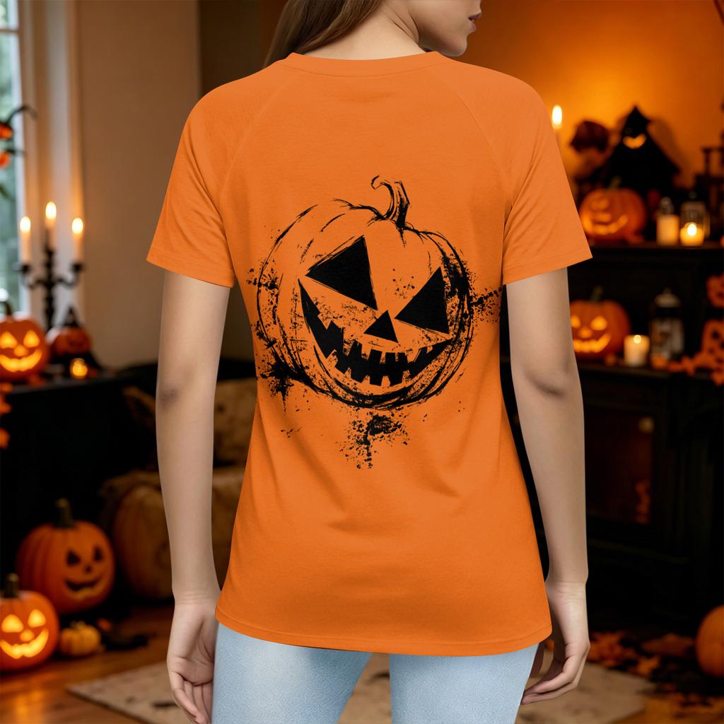 Women Casual Short Sleeve T Shirt Halloween Pumpkin Face Print Crew Neck Lightweight Top for Everyday Wear