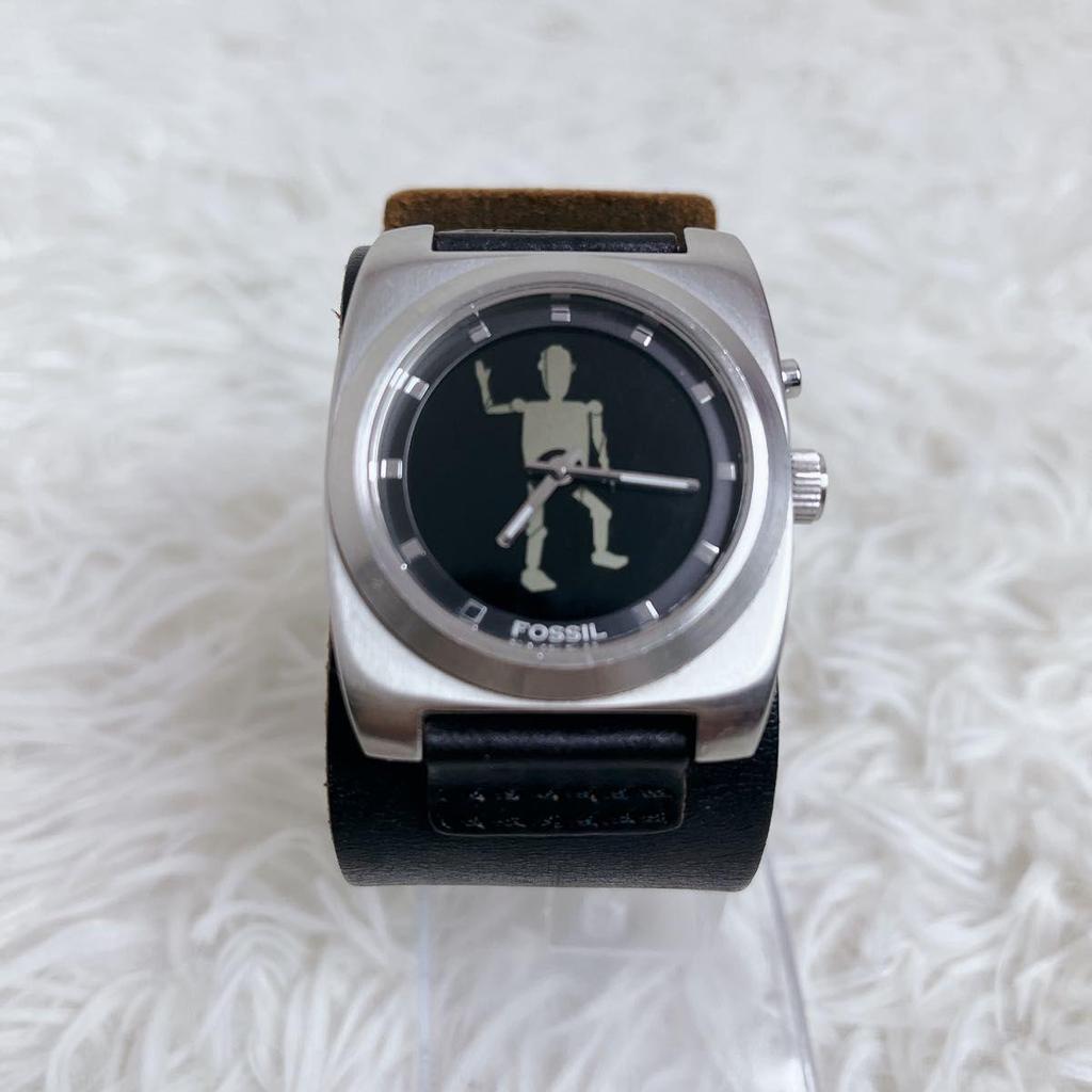 Used FOSSIL BIG TIC Robot Leather Watch Y2K Quartz