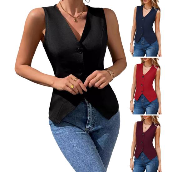 Women's Dressy Suit Vest V-Neck Button Down Blazer Waistcoat Sleeveless Crop Top Slim Fit Work