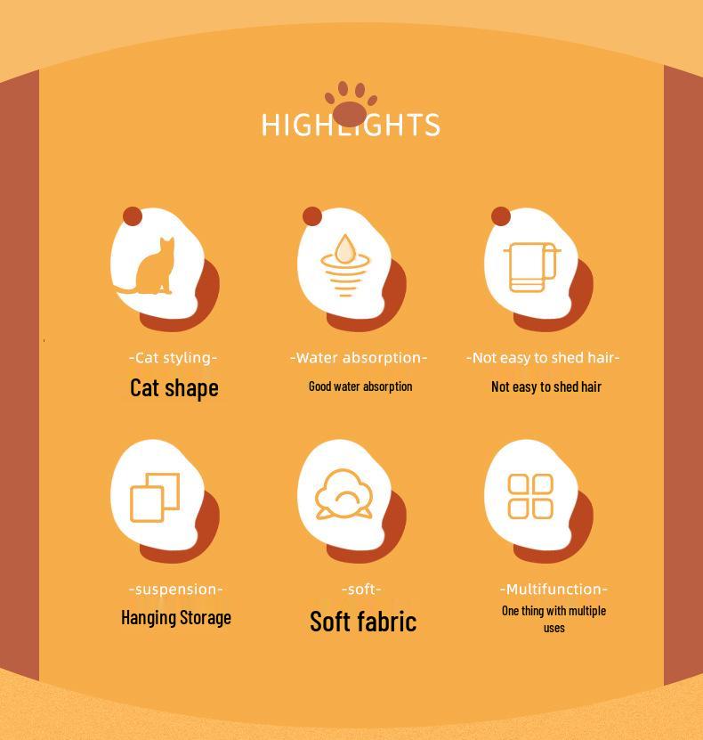 Prosop de mână drăguț pentru copii din fleece de coral cu pisică – Super absorbant, gros, cu agățătoare, lavetă pentru uz bucătărie