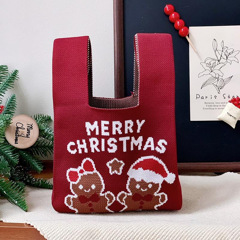 Christmas Holiday Themed Spandex Tote Bag -Large Capacity Knitted Gift Bags with Santa and Tree Patterns for Festive Gift Giving