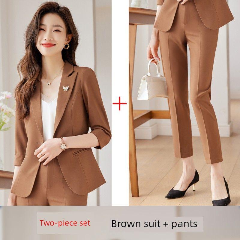 

Casual Temperament Goddess Style Striped Thin Suit Brown Outwear + Cropped Pants 4XL