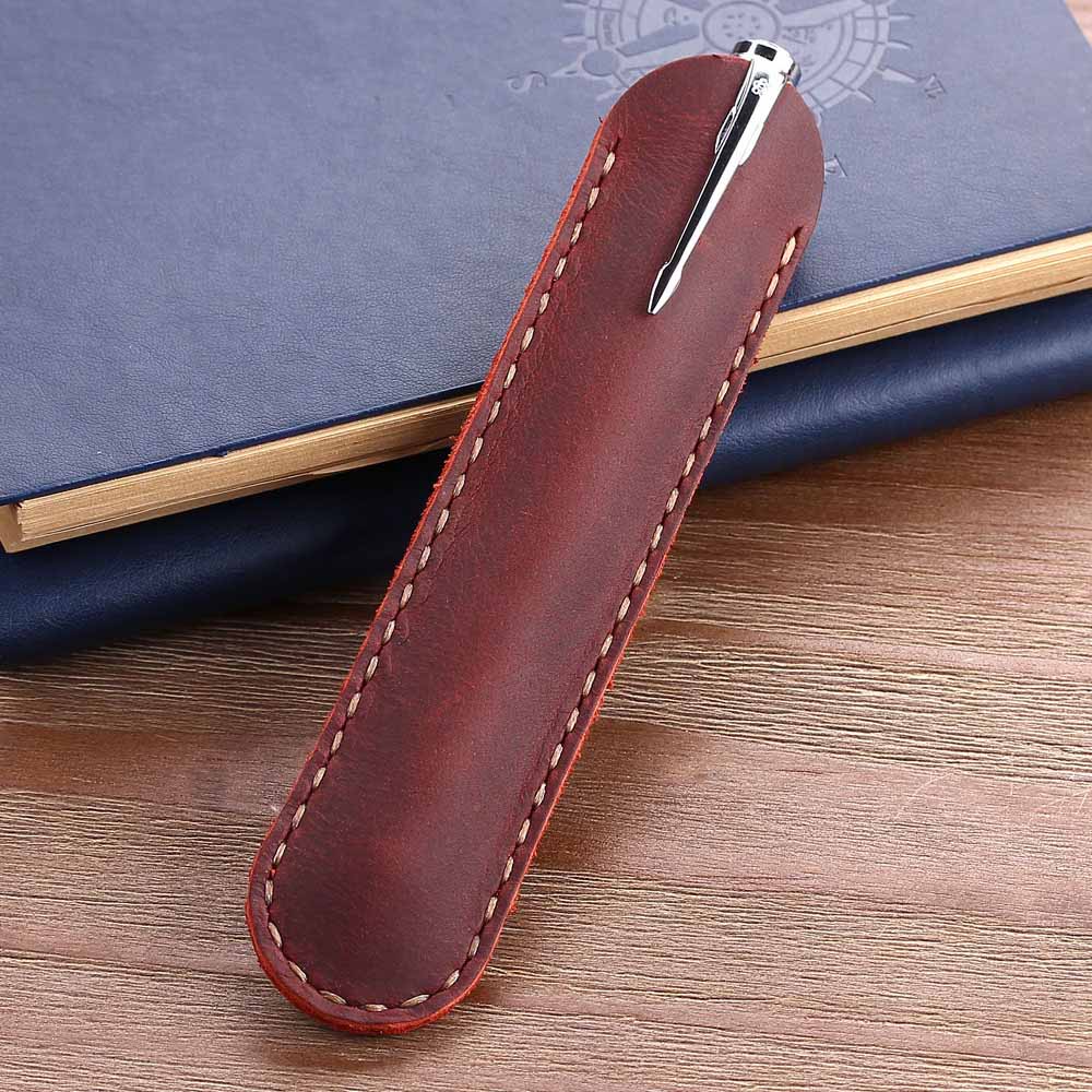 Retro Handmade Genuine Leather Pencil Bag Cowhide Metal Fountain Pen Holders Case Pouch Business Office Gifts School Stationery