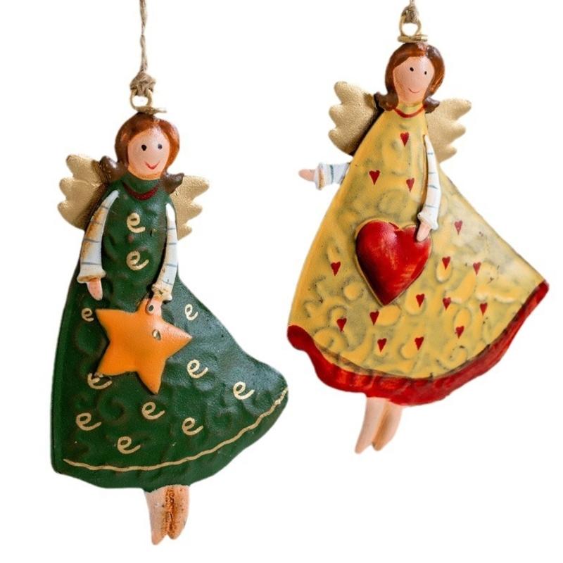 Pack of 4 Retro Iron Angel Girl Ornament Bucolic Christmas Decorations for Homes Holiday Party Hanging Decors