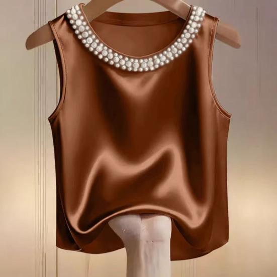 Damenweste Rundhalsausschnitt Imitierte Perlen Verziert Ärmellos Oberteile Glattes Satin Weiche Oberteile Lockerer Schnitt Freizeitoberteile Party Urlaub Tägliche Kleidung
