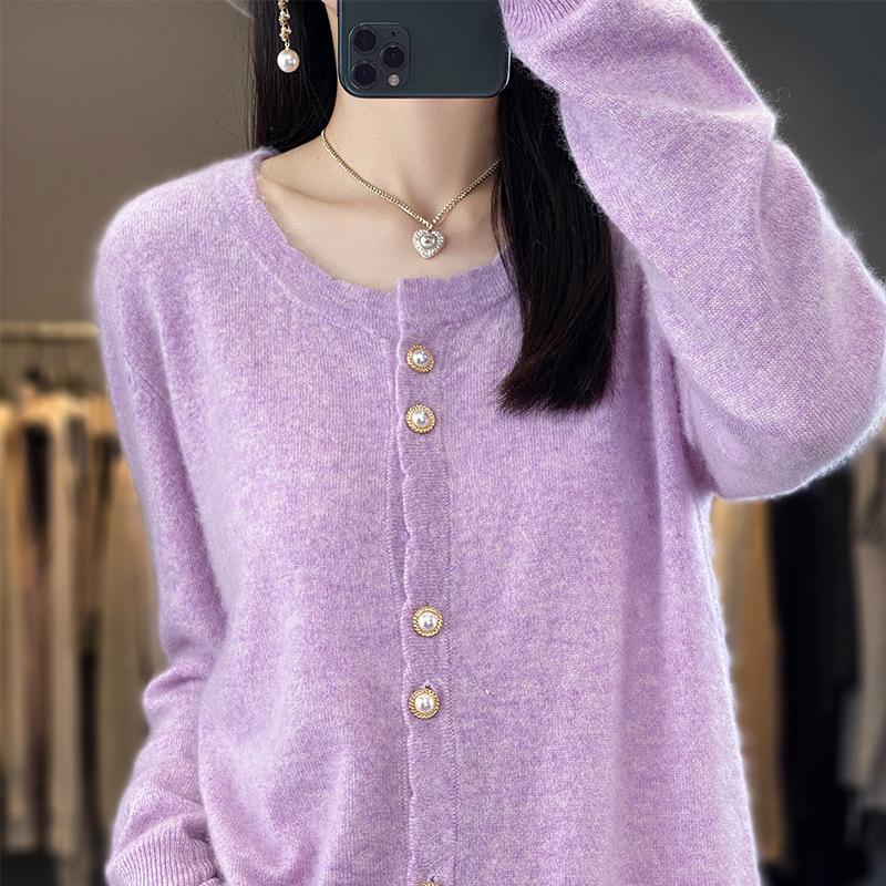 Wool Loose Pearl Button Round Neck Knit Sweater Cardigan New Spring Women's Versatile Jacket Top