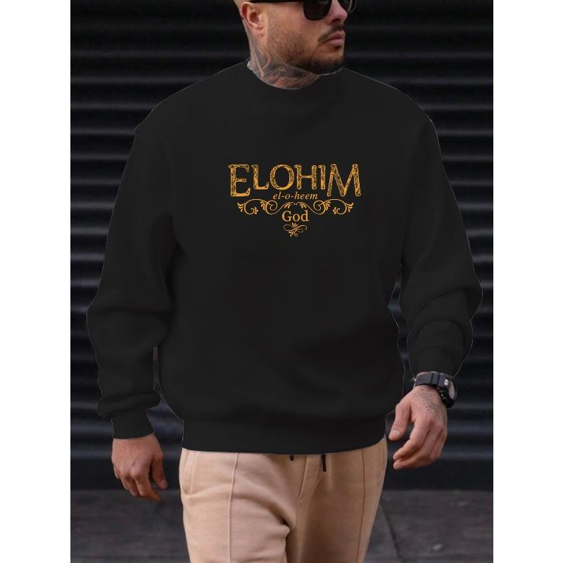 Men's ELOHIM Pattern Casual Crewneck Sweatshirt 100% Cotton Printed Long-Sleeve Crew Neck Pullover
