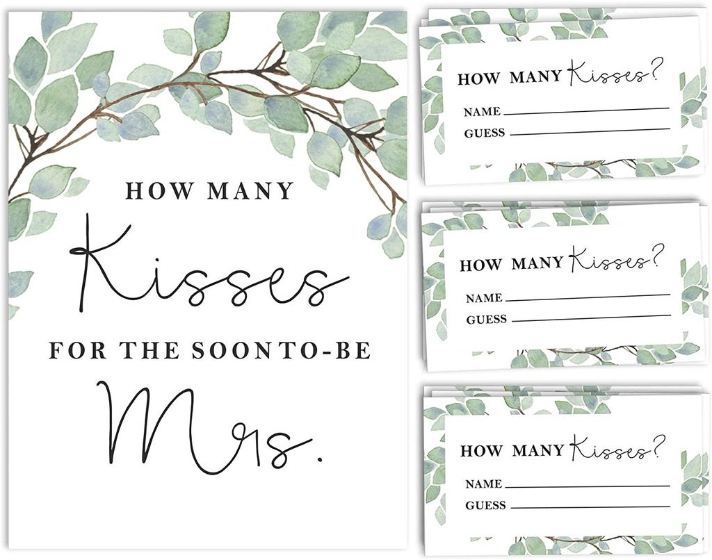 Inkdotpot How Many Kisses for The Soon to Be Mrs Greenery White Bridal Shower Game 1 Sign + 30 Cards