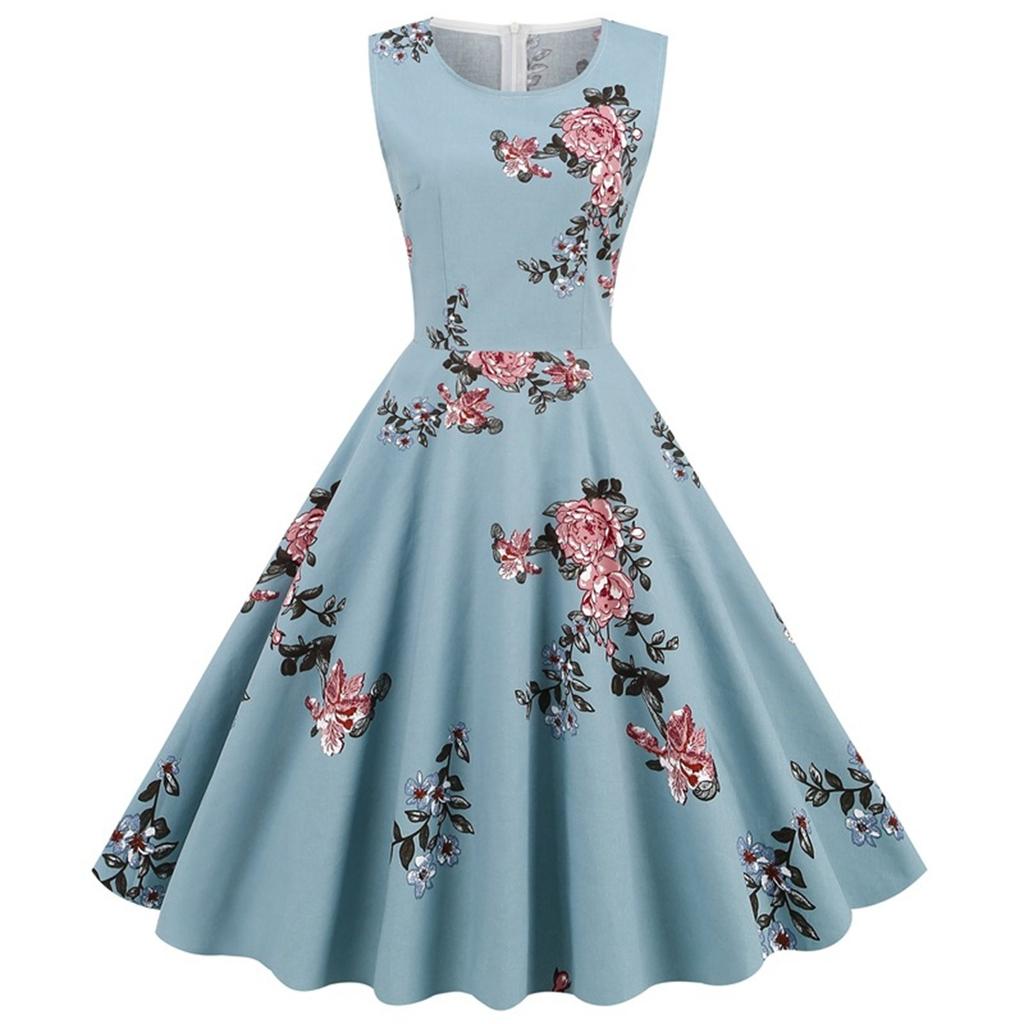 Women Party   Print Color Sleeveless Retro Dress Sleeve Grenadine Dress