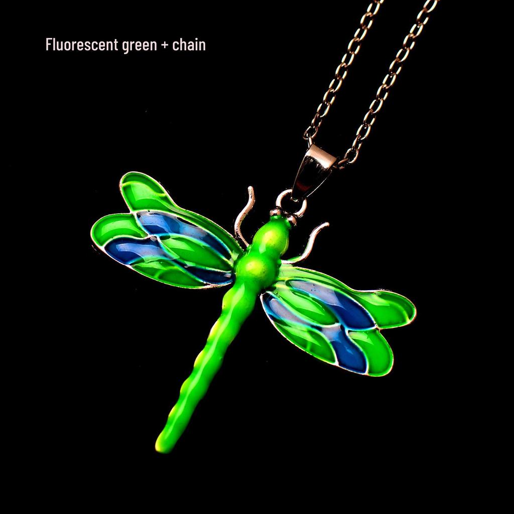 Silver Dragonfly Necklace with Luminous Butterfly - Retro Forest-Inspired
