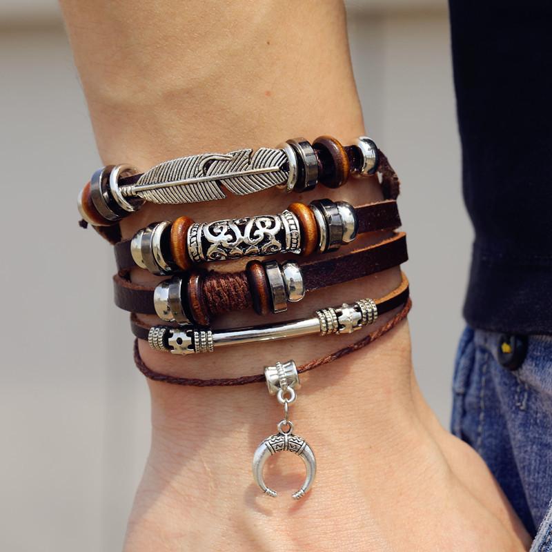 Men's Vintage Leather Bracelet Multi Layer Adjustable Wristband with Metal Feather Charm and Beaded Detailing for Casual Wear