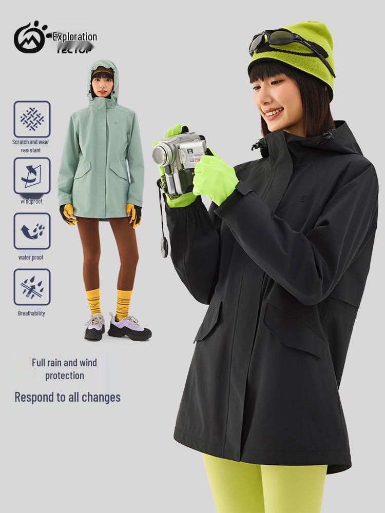 Women's Mid-Length Windproof Waterproof Shell Jacket - Autumn/Winter Outdoor Exploration, Waist-Cinched, Plus Velvet, Single-Layer.