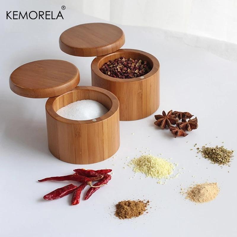 1PZ Scatola per Sale in Legno di Bambù con Coperchio Girevole Magnetico - Contenitore da Cucina per Spezie, Erbe Aromatiche e Condimenti