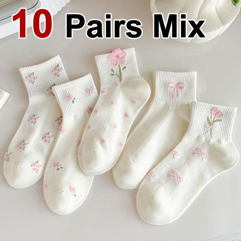 5/10 Pairs Women Bow Print Mid Tube Socks Spring Summer Sweat Absorbing Breathable Sweet Styles Flower Pattern Casual Socks