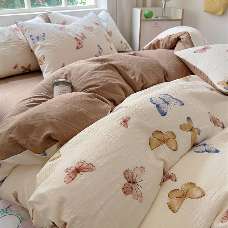 Floral Print French Style Bedding Set Bubble Cotton Duvet Cover Set Washed Cotton Flat Sheet Set Queen For Girl Decor Home