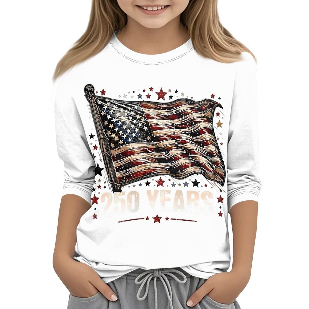 T-shirt décontracté pour enfant avec imprimé Jour de l'Indépendance, col rond, manches trois quarts