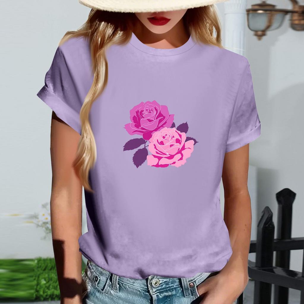 Women's Fashionable Round Neck Casual Retro Print Short Sleeved T-shirt Top
