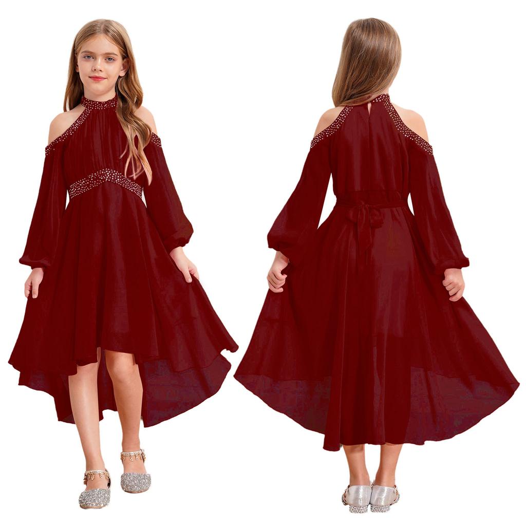 Children‘s High Waist Ruffled Dress Halter Off Shoulder Long Sleeve Irregular Hem Fake Diamond Embellished for Prom Wedding Party