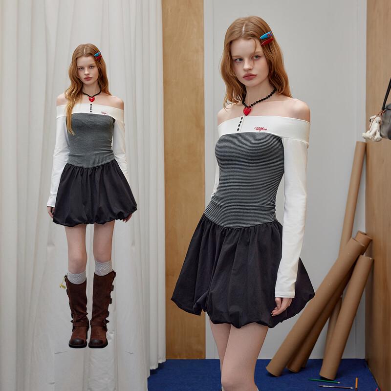 UNIFREE Trendy Color-Block Long Sleeve Bodycon Mini Dress L