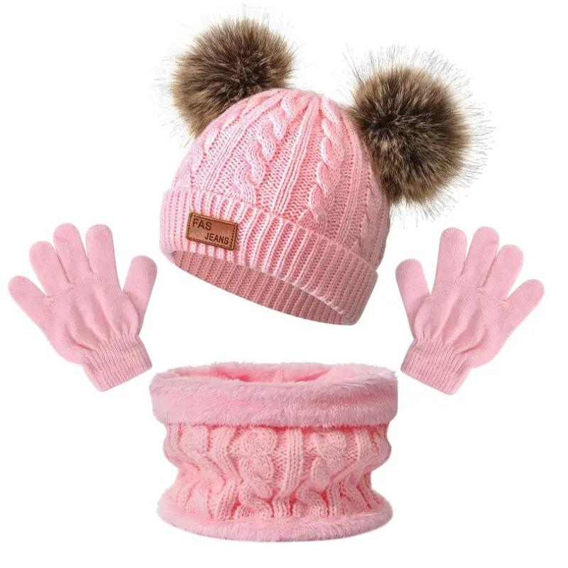 Baby Winter Knitted Hat Gloves Scarf Sets Boys Girls Warm Ear Protection Beanie Hat Gloves Knit Children'S Winter Accessories
