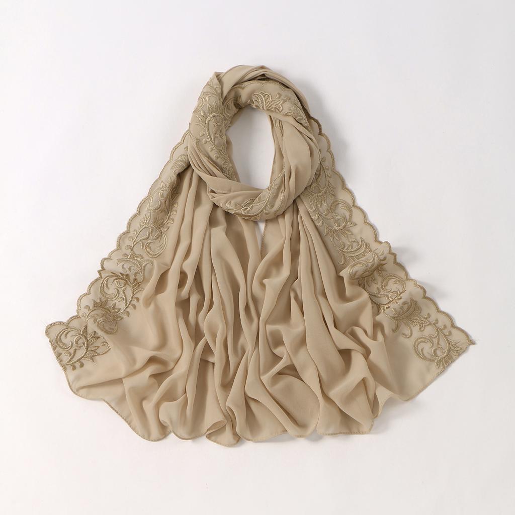 Floral Embroidery Edge Chiffon Silk Scarf Women Muslim Hijab Headscarf Soft Wraps Headband Summer Sunscreen Shawls Beach Shawls