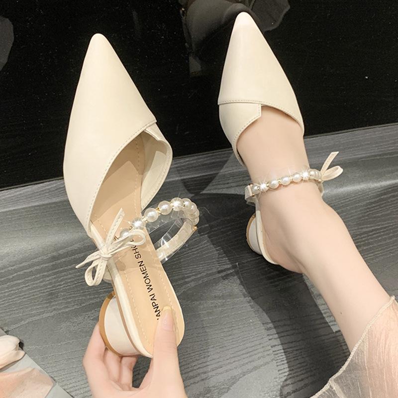 Baotou half slippers women's new summer wear pearl fashion thick heel small size sandals