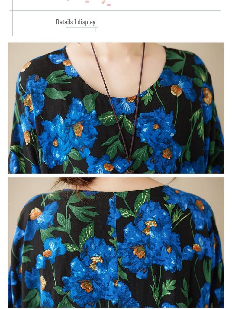 Blue Floral Cotton Linen Plus Size A-Line Dress - Summer 2023, Short Sleeve, Loose Fit