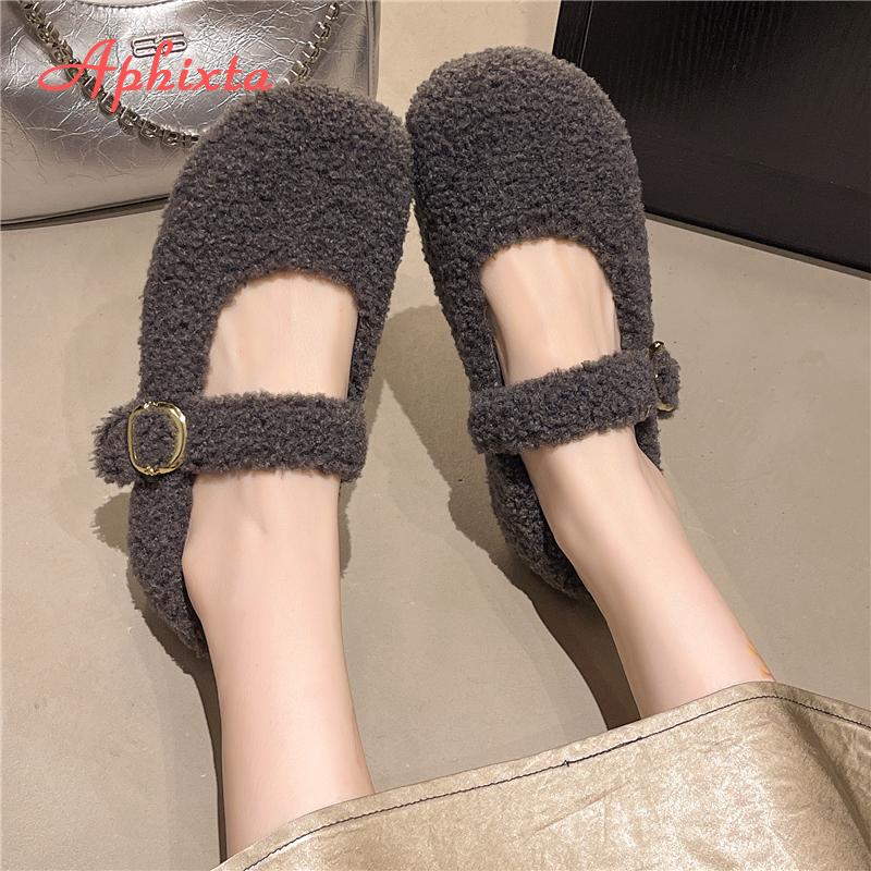 Fashion Aphixta Flat with Furry Shoes for Woman Soft Short Plush Buckle Women's Loafers Korean Style Ladies Shoe Luxury Brand Shoes