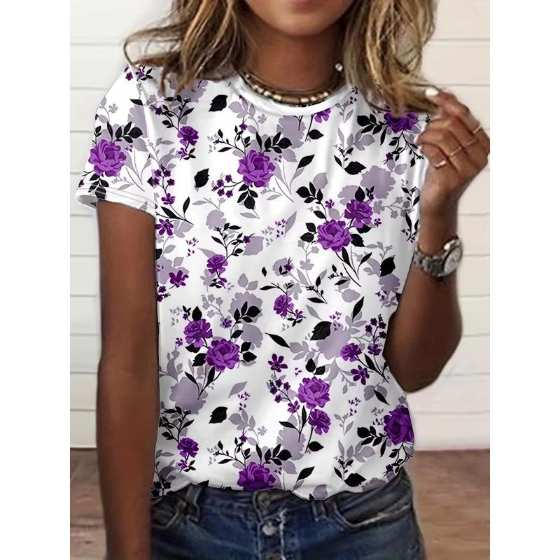 Fashionable and creative new flower print women's round neck short-sleeved T-shirt tops