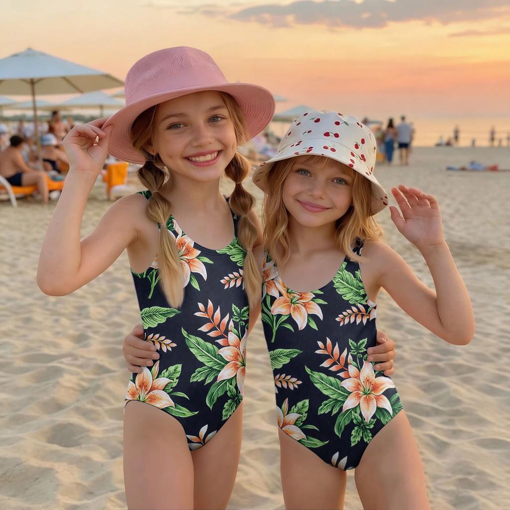 Girls One Piece Swimsuit Palm Tree Print Summer Beach Swimwear Lightweight Quick Dry Bathing Suit for Kids