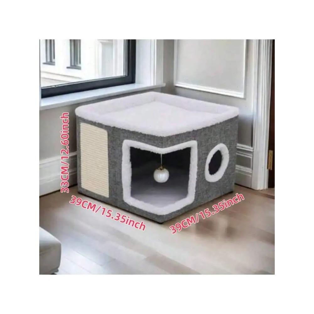 4-Season Multi-Level Cat House: Foldable Indoor Play Cube with 2-Layer Bed, Toy Tunnel, Scratching Board,