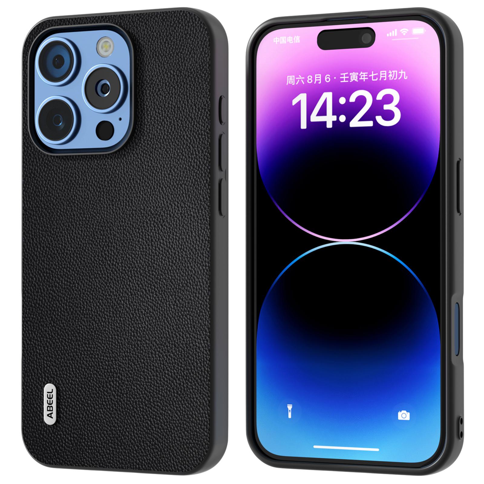 ABEEL For iPhone 16 Pro Max Case Anti-Drop Genuine Cow Leather PC Phone Cover E