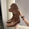 2025 New Women's Boots Low Heel Cowboy Western Short Leather Knee High Luxury Designer Gothic New Rock Shoes Vintage