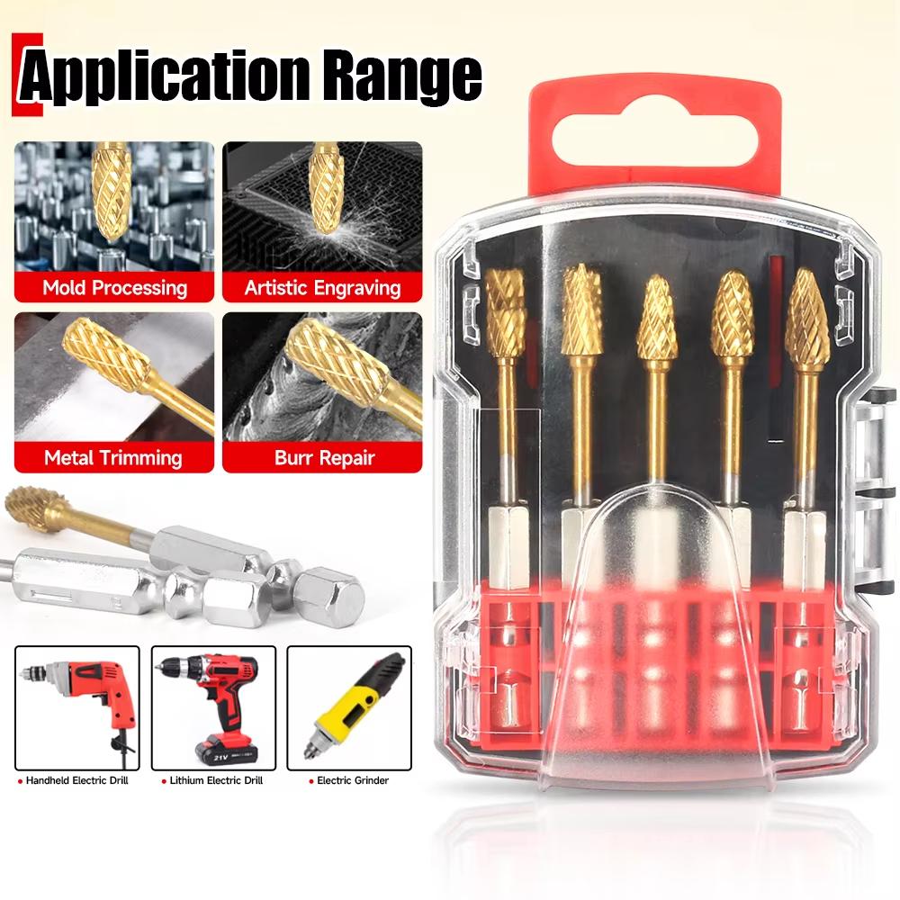 Tungstens Carbide Burr Set Hex 1 4 Inch Titanium Coated 10 Piece Rotary File Milling Cutter For Woodworking Metal Stone
