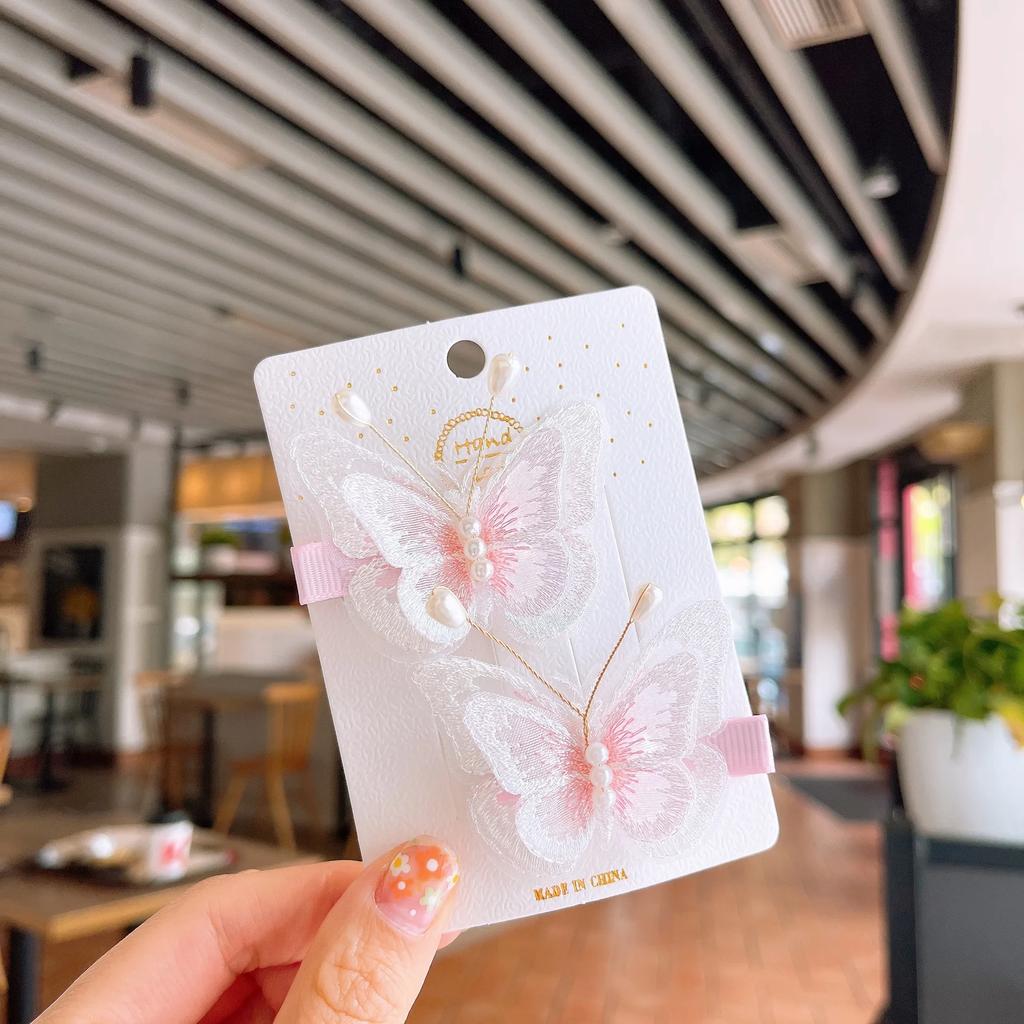 Kid 3D Fairy Embroidered Butterfly Hair Clips Kids Double Layers Tulle Pearl Bangs Hairpin Girl Exquisite Princess Headwear HP01