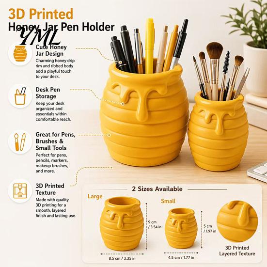 Creative Gift for Women 3D Printed Honey Jar Pen Holder, Desk Organizer Office Dressing Table Stationery, Makeup Brush Toothbrush Cute Storage