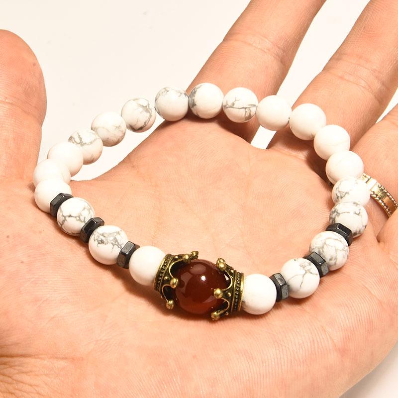 Introducing: Elegant Tiger Eye Stone Big Crown Bracelet with Agate Frosted Beads - European and American Fashion Statement Jewelry.