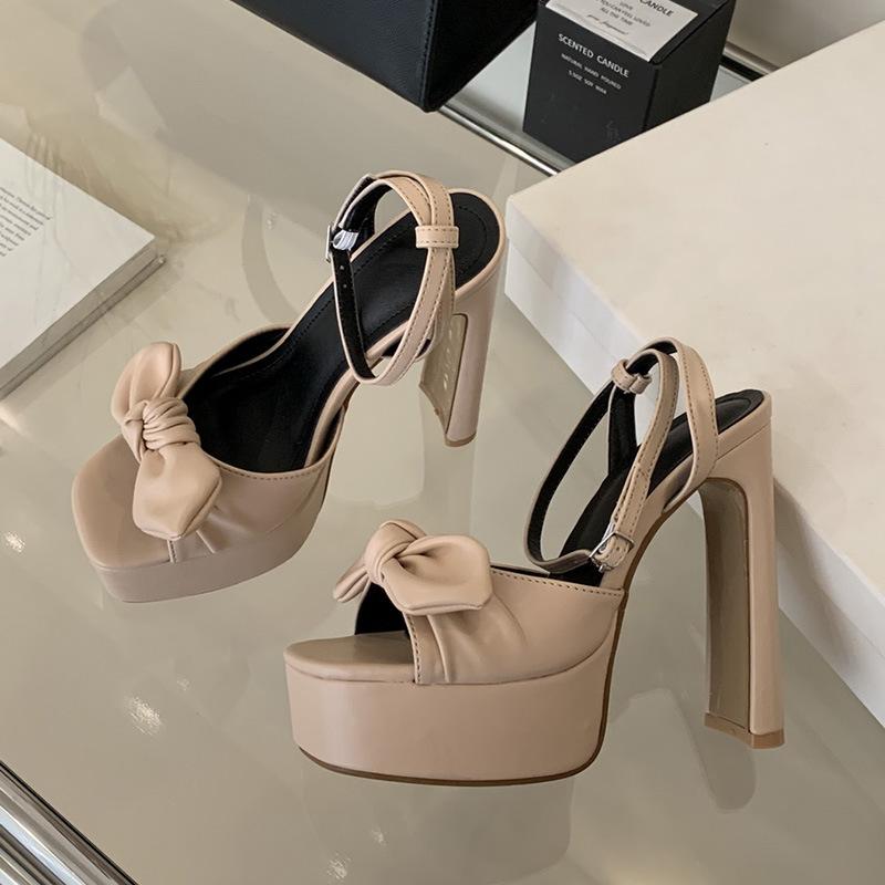 

Hate the sky high sandals royal sister style fashion bow versatile thick heel waterproof table model catwalk night high heels women 40 телесный