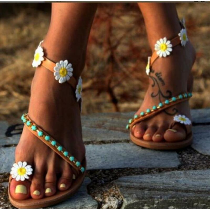Sommer neue süße Blume flache Zehen Sandalen große Größe 44 Damen Sandalen