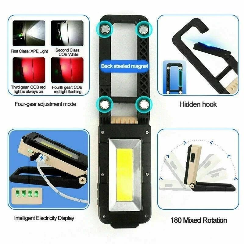 Rechargeable COB LED Work Light Ultra Bright Portable Outdoor Solar Inspection Lamp Flexible Folding Hidden Hook