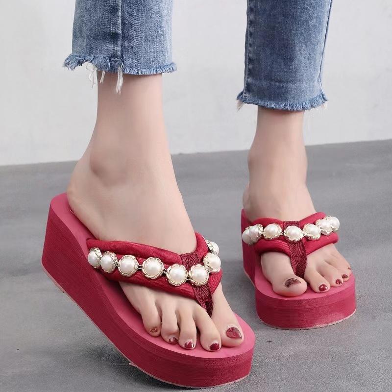 Summer Pearl Flip-flops for Women Thick Bottom Non-slip Sandals Female Clip-on Slippers Lightweight Solid Colour Beach Shoes