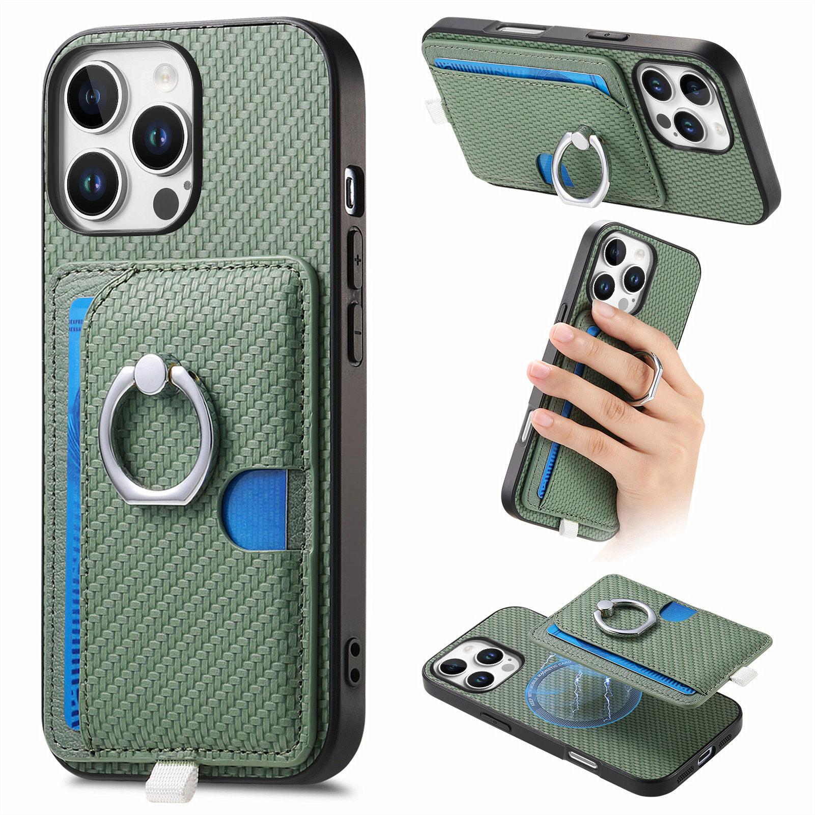 

For iPhone 16 Pro Max Case Ring Kickstand Leather Back Cover with Magnetic Detachable Card Holder Green