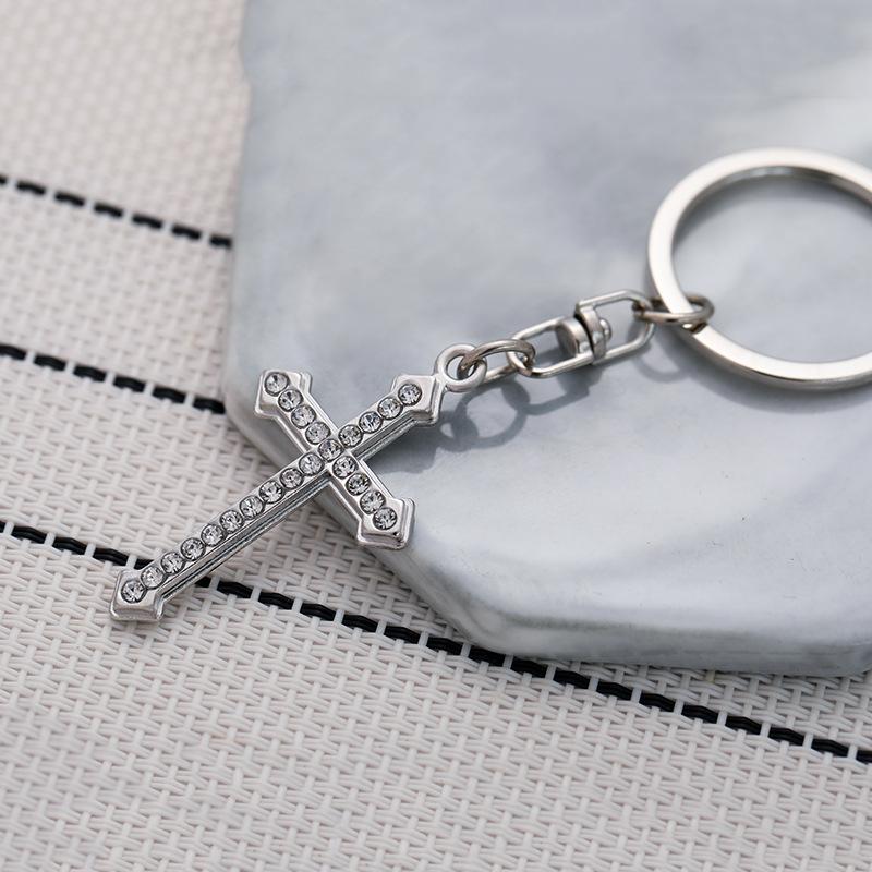 Rhinestone Cross Stainless Steel Keychain INS Simple Style Fashion Bag Pendant Practical Gift for Girlfriend