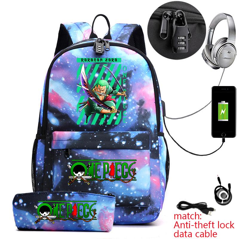 One Piece Zoro Print Anti Theft School Backpack Student Bookbag with Pen Case for Kids Teens