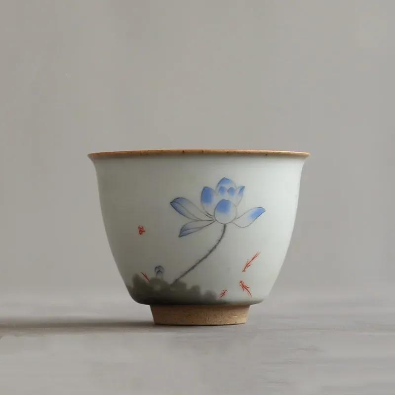 

Бутиковая керамическая чашка для чая Ru Kiln, дорожная чашка для медитации, расписанная вручную цветочным узором, чаша для чая Pu er Master Cup, чайный набор, аксессуары 6.7X5CM 65ML