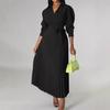 Women's V Neck Puff Sleeve Pleated Maxi Dress with Waist Tie
