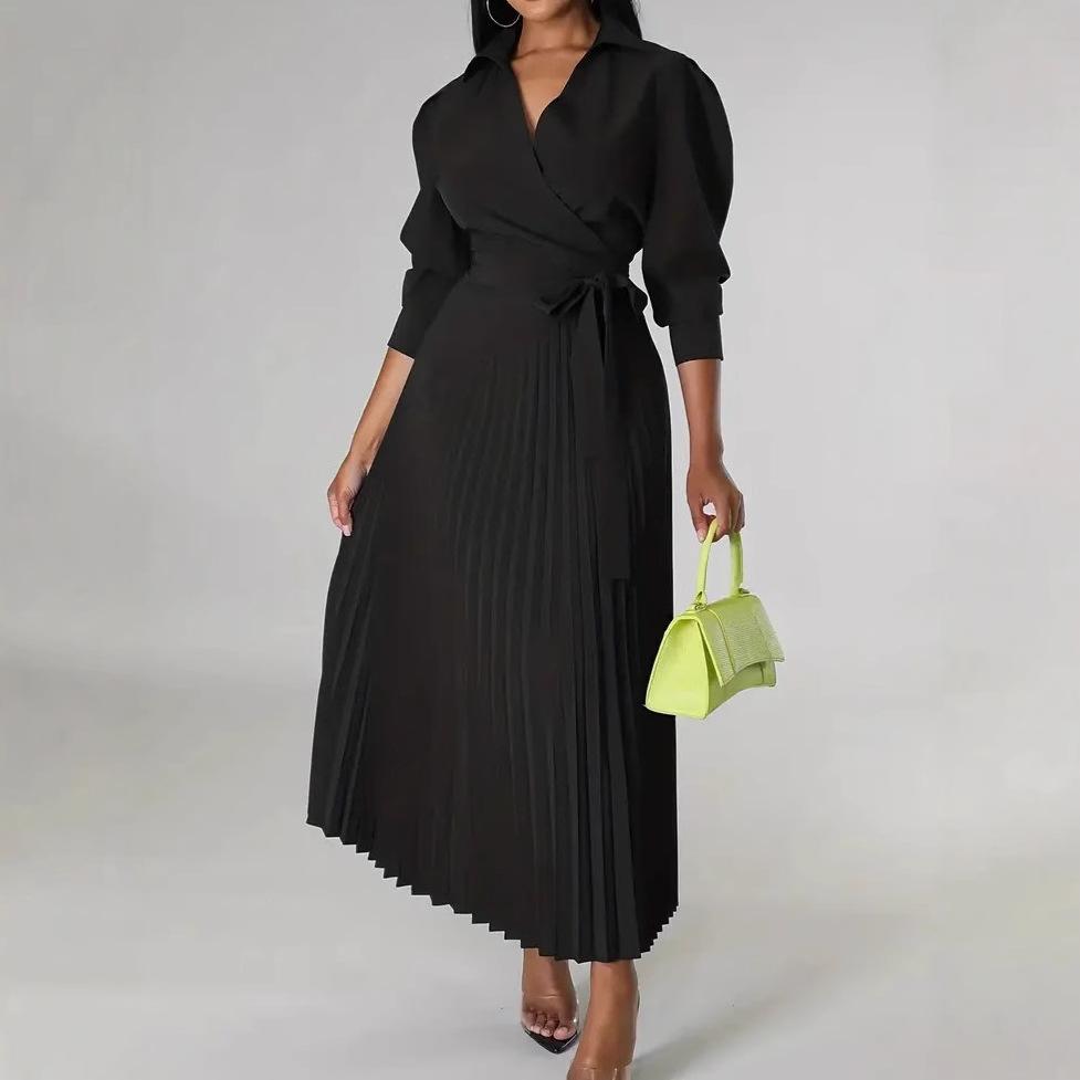 Women's V Neck Puff Sleeve Pleated Maxi Dress with Waist Tie